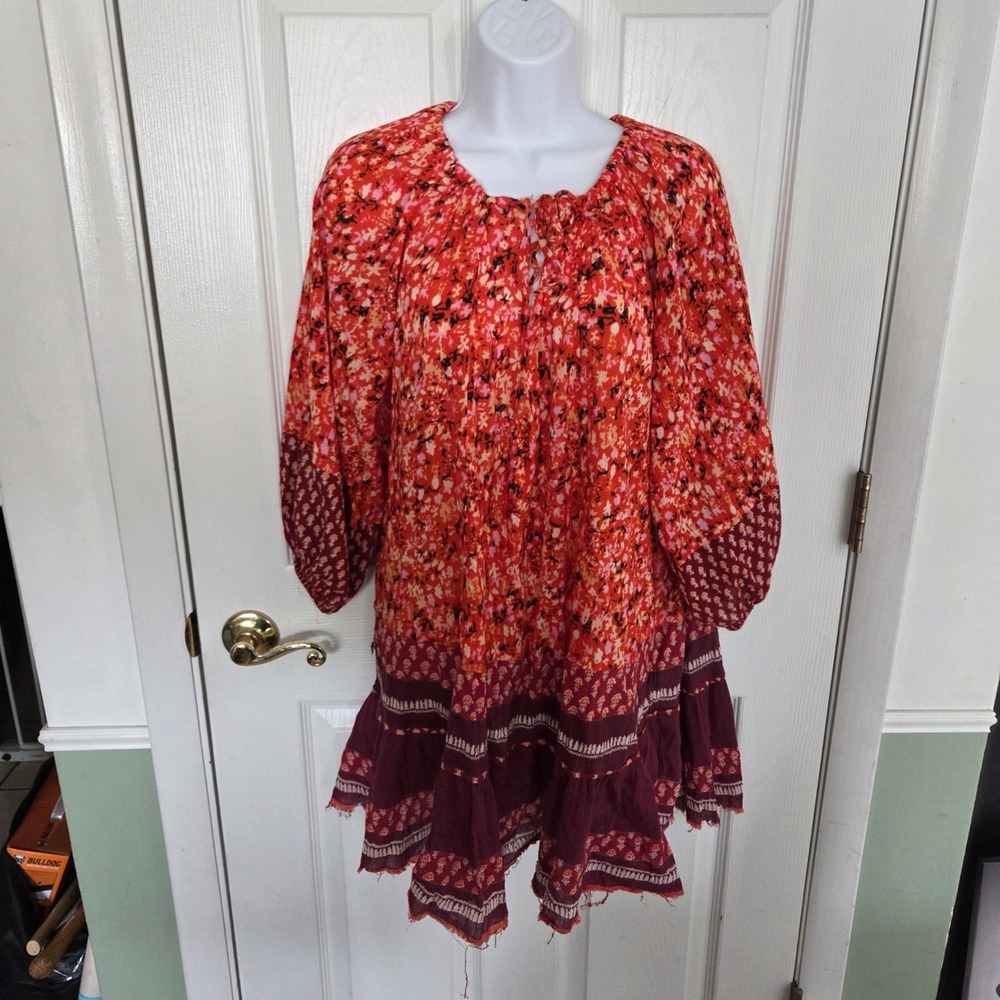 Free People Red Floral Tiered Mini Dress Womens Large Boho Long Sleeve Keyhole